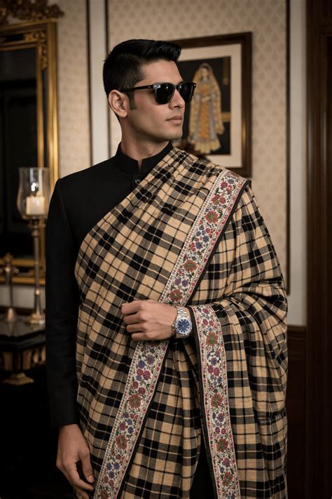 Pashtush Mens Pure Pashmina, Hand Woven Checkered with Antique Kashmir ...