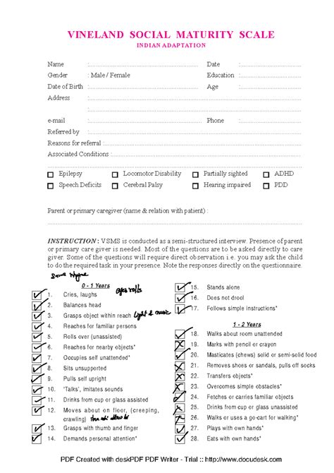 Vineland Social Maturity Scale (VSMS) Questionnaire - Indian Adaptation ...