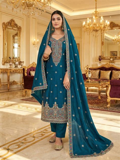 Teal Thread Embroidered Vichitra Silk Dress Material