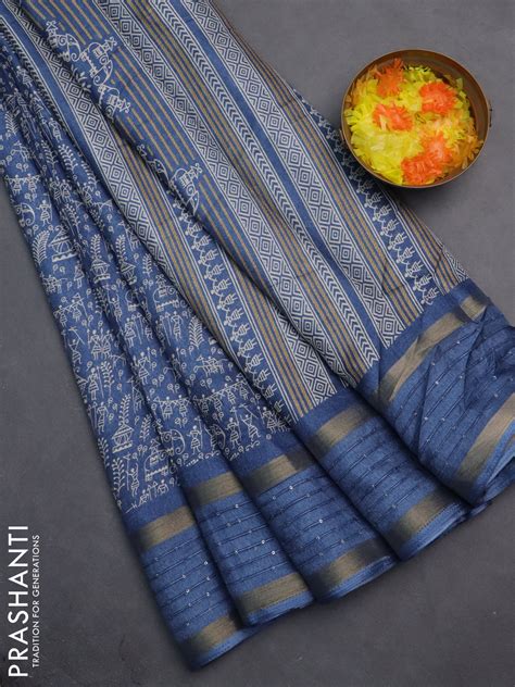 Semi dola saree blue with allover warli prints and zari woven sequin w ...