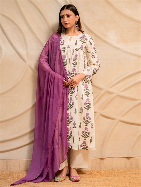 Off White Hand Block Printed Cotton Suit - Set of 3