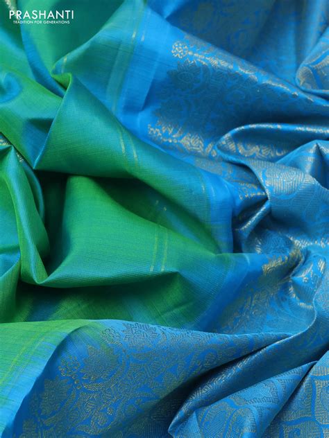 Pure kanchipuram silk saree dual shade of teal green and blue with zar ...