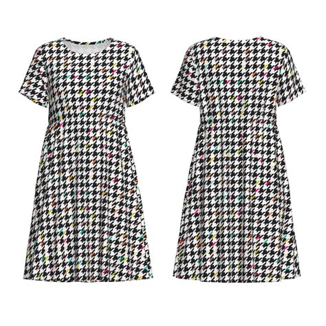 Horeoi Black And White Houndstooth Print Women's Short Sleeve Dress Breathable Polyester-Spandex ...