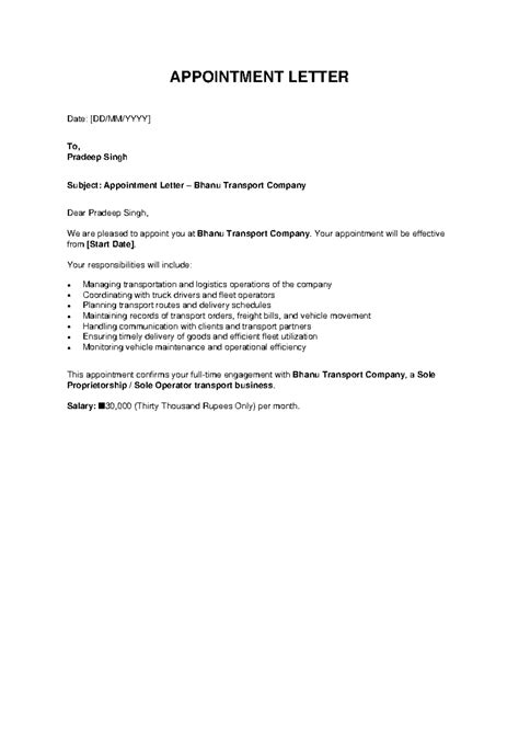APPOINTMENT LETTER - Bhanu Transport Co. - Pradeep Singh - Studocu