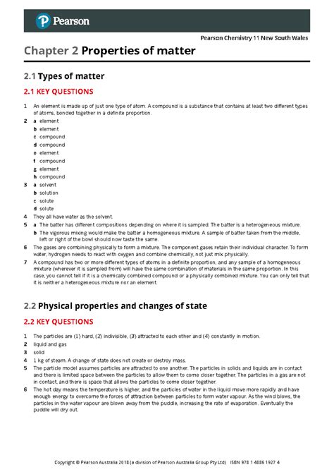 Pearson Chemistry 11 NSW Chapter 2: Properties of Matter Study Guide ...