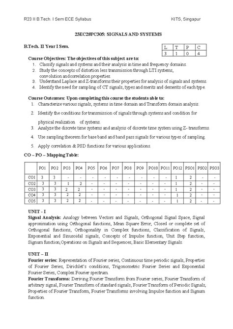 R23 II B.Tech. I Sem ECE Syllabus: Signals and Systems 23EC28PC305 ...