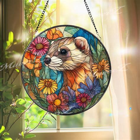 Ferret Glass Suncatcher, Round Window Panel with Colorful Flowers ...