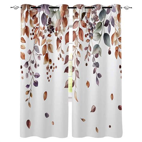 Brown Fall Leaves Kitchen Curtains Country Fruit Farmhouse Plants Cafe ...