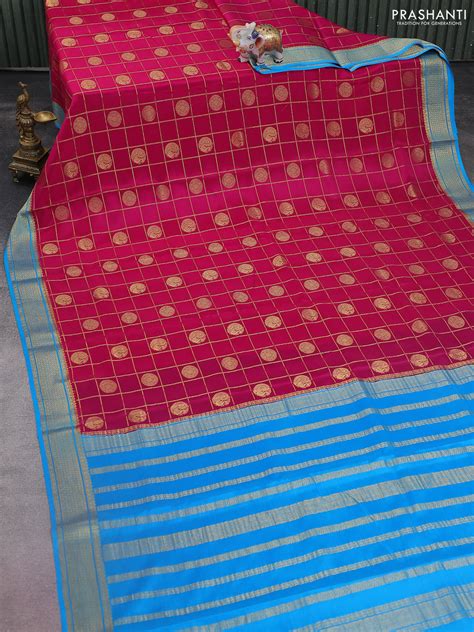 Pure mysore silk saree dark pink and cs blue with allover zari checks ...