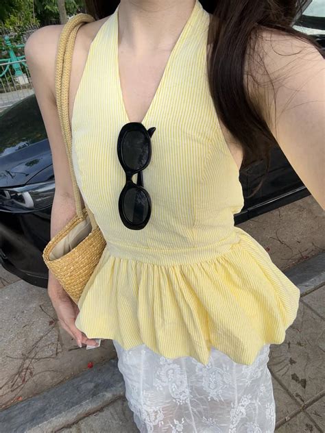 Women's Deep V Neck Backless Short Top, Pure Color Adjustable Halter Design, Striped Waist ...