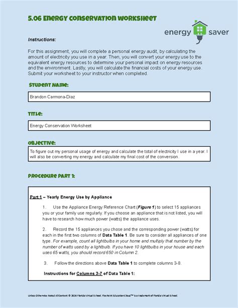 APES 5.06 Energy Conservation Worksheet: Personal Energy Audit & Costs ...