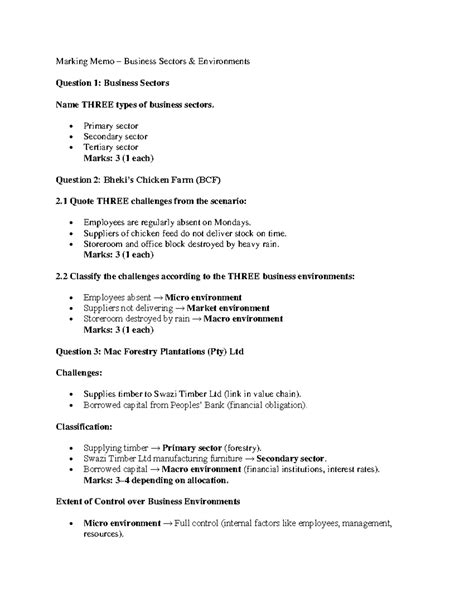 Marking Memo: Business Sectors & Environments Analysis - Studocu