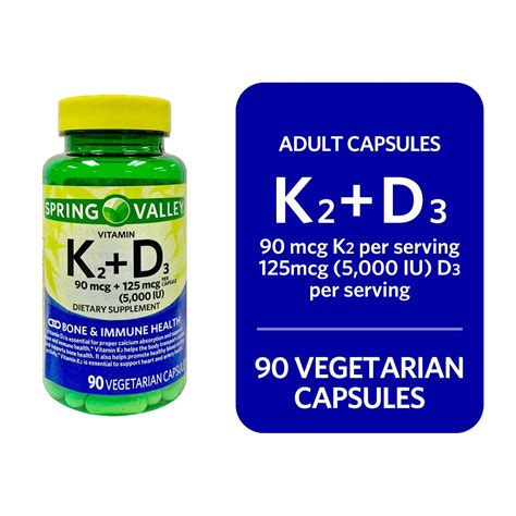 Spring Valley Vitamin K2 + D3 Vegetarian Capsules 90 Count - Supports Bone Health and Immune ...