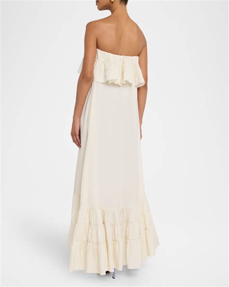 Saint Laurent Strapless Tiered Ruffle High-Low Midi Dress | Neiman Marcus