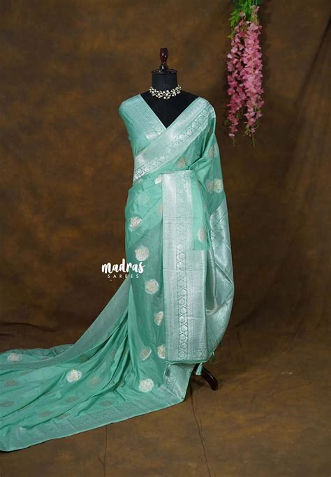 Seafoam Green - Banarasi Chinon Silk with Floral Border - Best for Nig ...