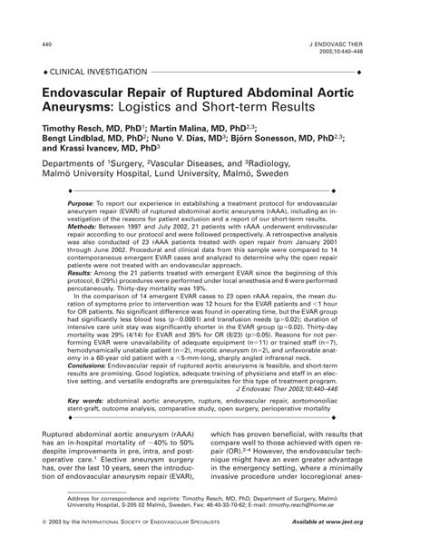 Endovascular Repair of Ruptured Abdominal Aortic Aneurysms: Logistics ...