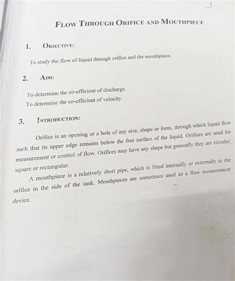 FLOW 1: Study of Orifice and Mouthpiece Discharge Characteristics - Studocu