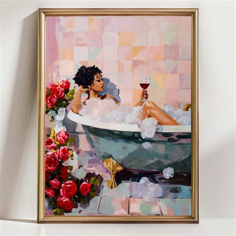 Black Woman in Bathtub Self Care Wall Art Relaxing Bath Modern Feminine ...