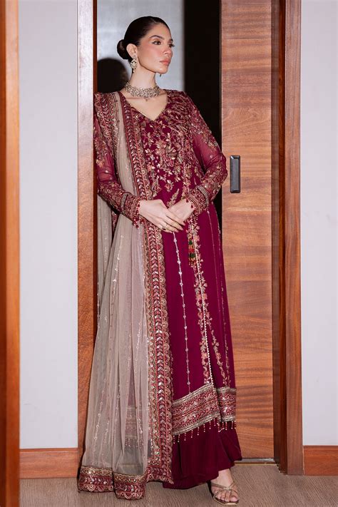 Maroon Embroidered Chiffon Pakistani Suit | Nureh Luxury Formal Wedding ...