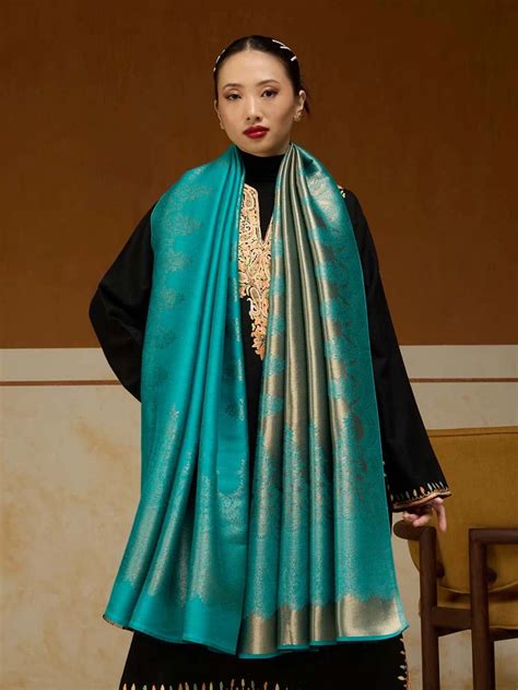 Naqsh-e-DoRukh Zari Shawl - Teal, Gold