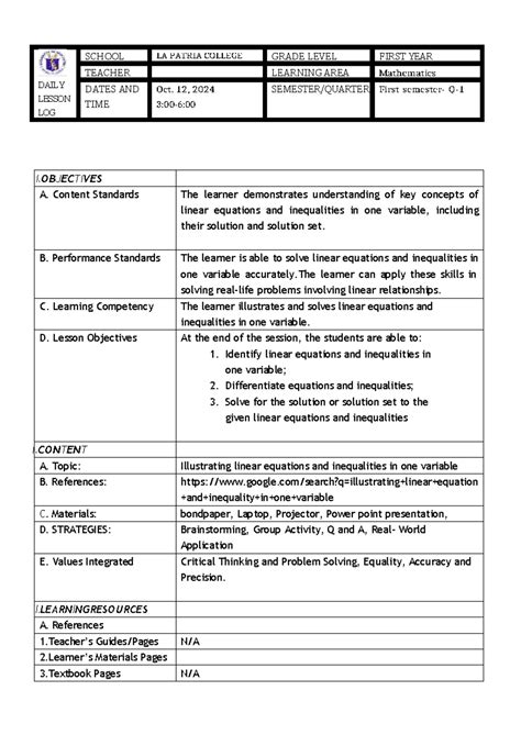 SCHOOL LA PATRIA COLLEGE GRADE 1 MATH DAILY LESSON LOG - Oct 12, 2024 ...