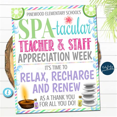 TidyLady Printables Spa Theme Teacher Appreciation Week Staff Employee ...