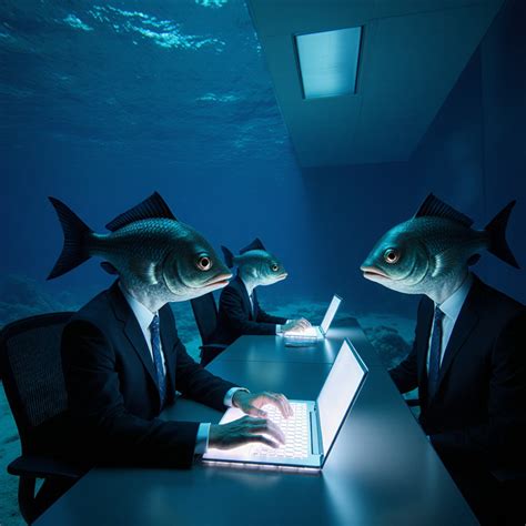 typing on laptops fluorescent fish swim past massive bone shaped windows a jellyfish shaped ...