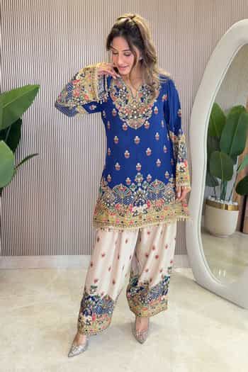 Buy Blue Crepe Embroidery, Zari, Stones Embellished Kurta Salwar Set ...