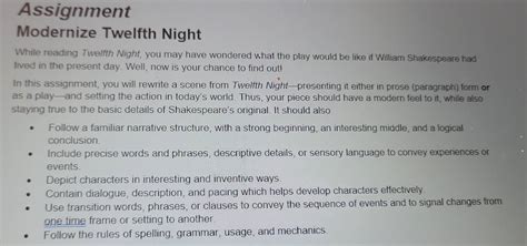 Solved: Assignment Modernize Twelfth Night While reading Twelfth Night ...