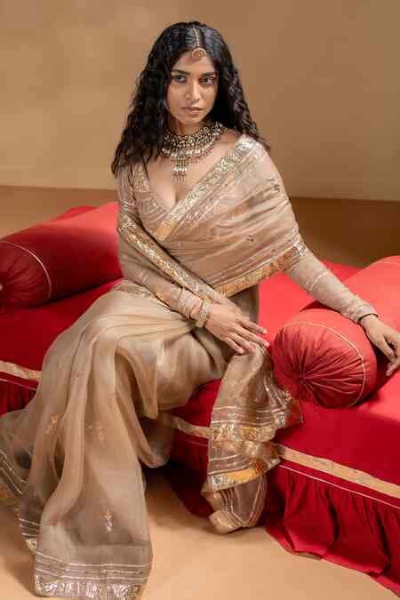 Buy Beige Organza, Muslin Gota Patti Sarika Work Saree With Blouse For ...