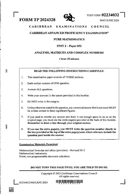 Cape 2024 Unit 2 P032 - Pure Mathematics Exam Paper Analysis - Studocu