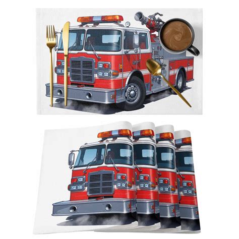 Red Fire Truck Cartoon Car Placemats Set of 6,Wipeable Washable Table ...