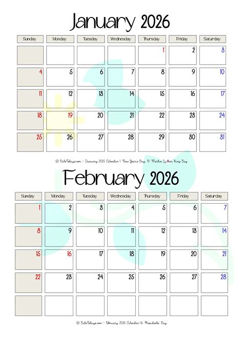 January February 2026 Calendar Printable PDF - 2 Month Calendar - One For All