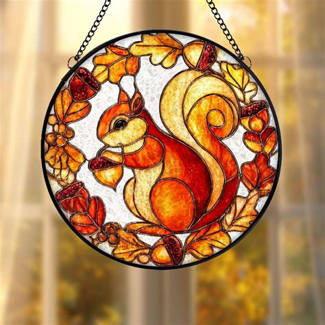 Autumn Squirrel Glass Suncatcher v6, Fall Leaves Window Art, Woodland ...