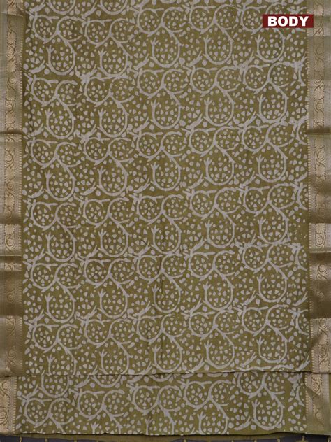 Maheshwari silk cotton saree elaichi green with batik prints and zari ...