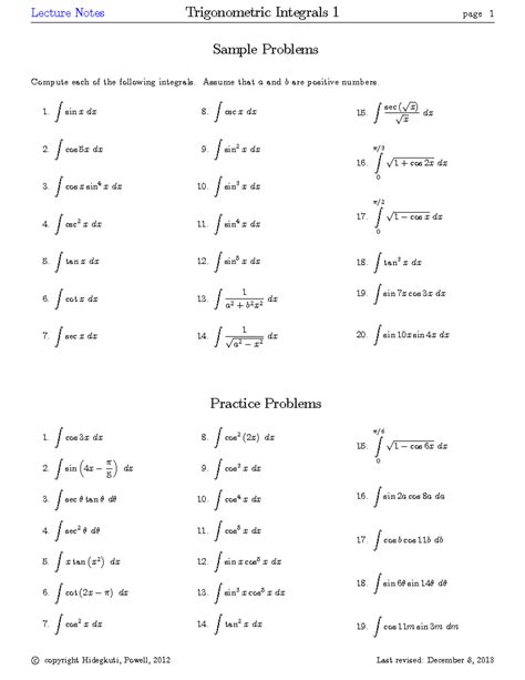 Trigonometric Integrals 1: Lecture Notes and Practice Problems - Studocu