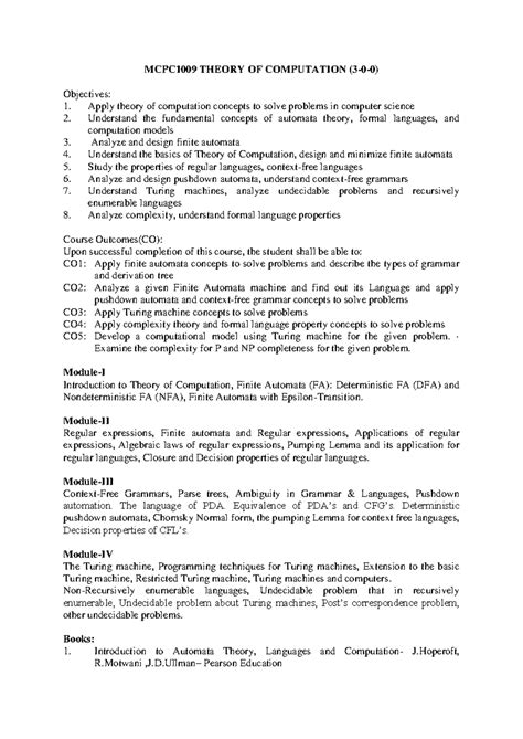 MCPC1009 THEORY OF COMPUTATION: Key Concepts and Applications - Studocu