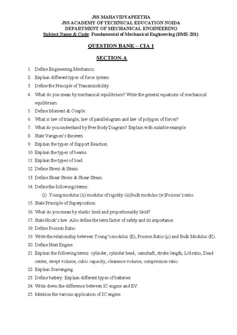 Question Bank for FME (CIA-1) - Mechanical Engineering Concepts - Studocu