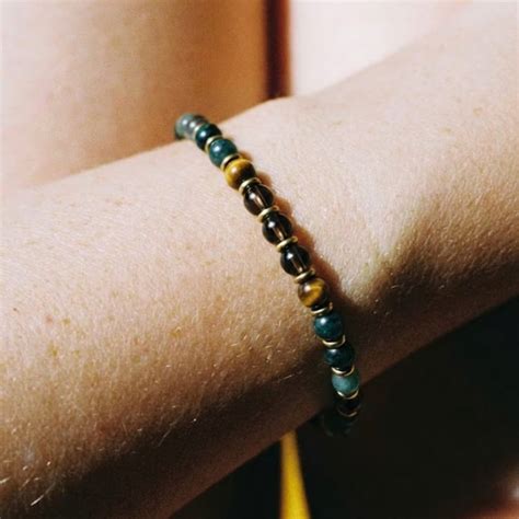 Natural Moss Agate Smoky Quartz Bead Bracelet Minimalist Energy Jewelry ...