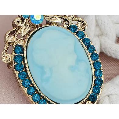 Antique Golden Tone Light Blue Rhinestones Cameo Woman Brooch Pin