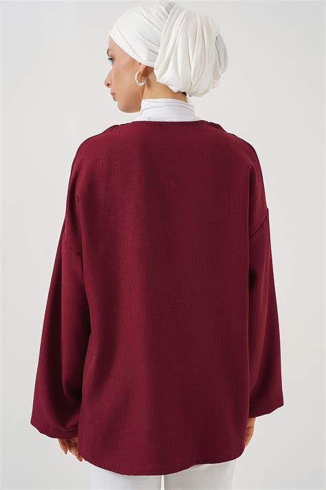 HiCCUP - Burgundy Red Bdart Linen Blend Long Sleeve Kimono With Binding ...