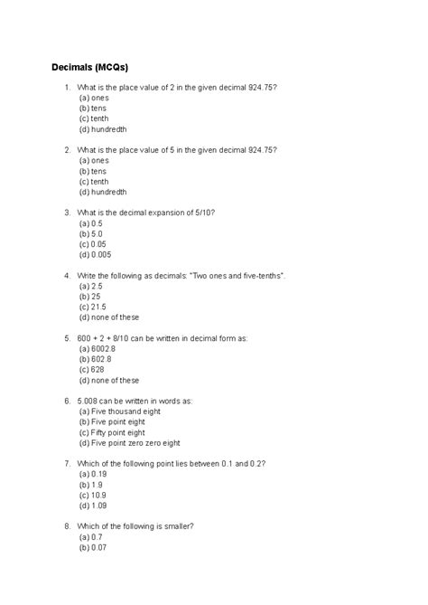 Decimals Extra Questions (Class VI) - MCQs and Answers - Studocu