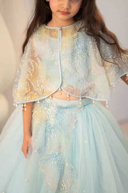 Buy Blue Satin, Tulle Sequins, Beads, Pearls, Applique Embroidered Cape ...