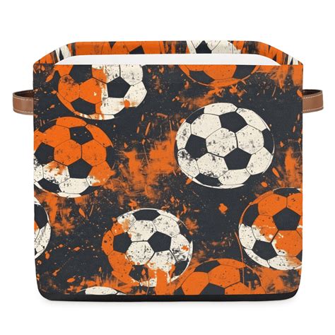 CURLYOOT 13 x 13 Inch Cube Storage Bin, Sport Soccer Ball Fabric ...