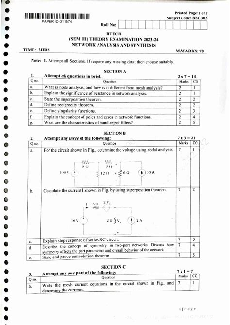 Network Analysis and Synthesis (BEC303) Previous Year Question Papers ...