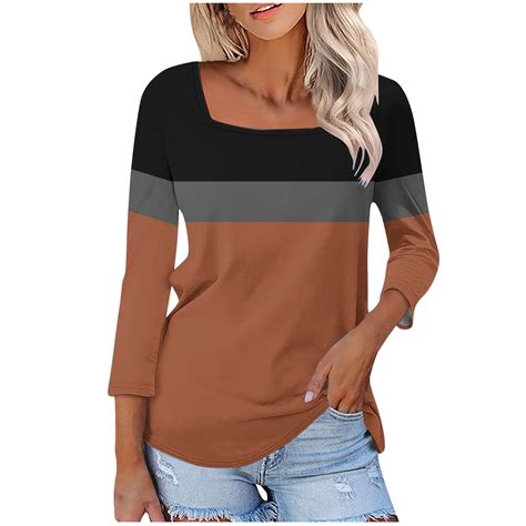 cfhntfmh Womens 3/4 Length Sleeve Square Neck T Shirts Color Block Tops ...