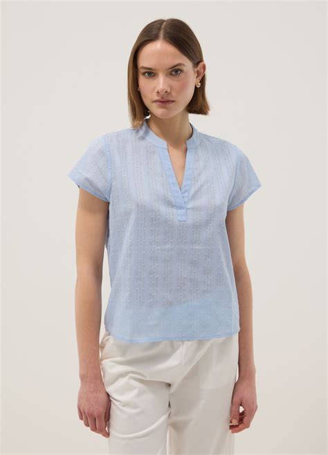Woman's Light blue pure cotton regular fit deep V shirt with ...
