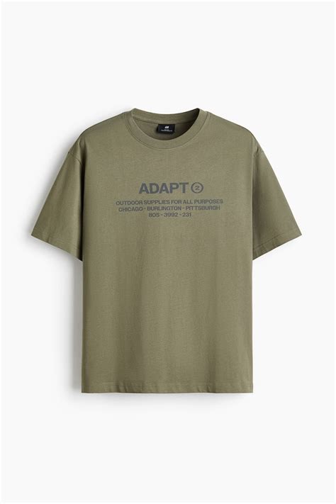 Loose Fit Printed T-shirt - Khaki green/Adapt - Men | H&M IN