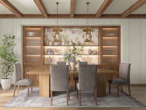 Farmhouse style dining room with wooden dining chairs and rafter ceiling
