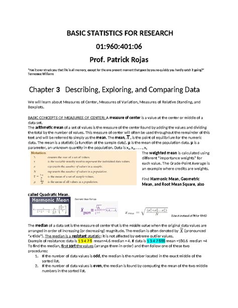 Statistics 401: Chapter 3 Class Notes on Data Measures - Studocu
